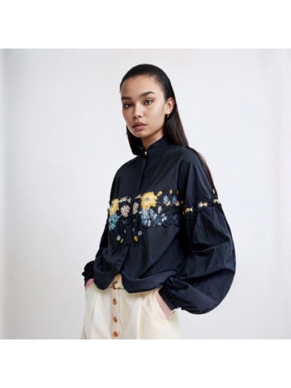 Black Floral Embroidered Balloon-Sleeve Top